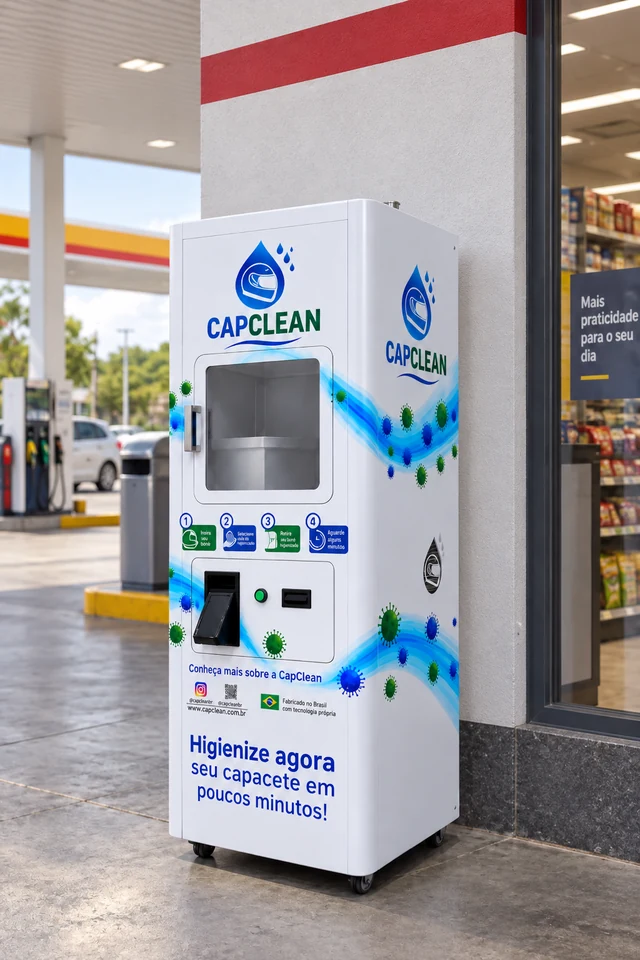 Representación de la nueva versión CapClean para limpieza de cascos, con compartimento individual e interfaz de autoservicio.