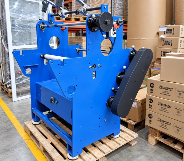 Rebobinadora de lámina para estampado en caliente tras su modernización, con estructura azul, ejes de bobinado y panel de control.