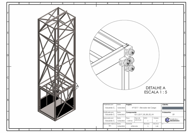 Plano completo de montaje del montacargas, con torre, cabina, detalles de las guías y cajetín.