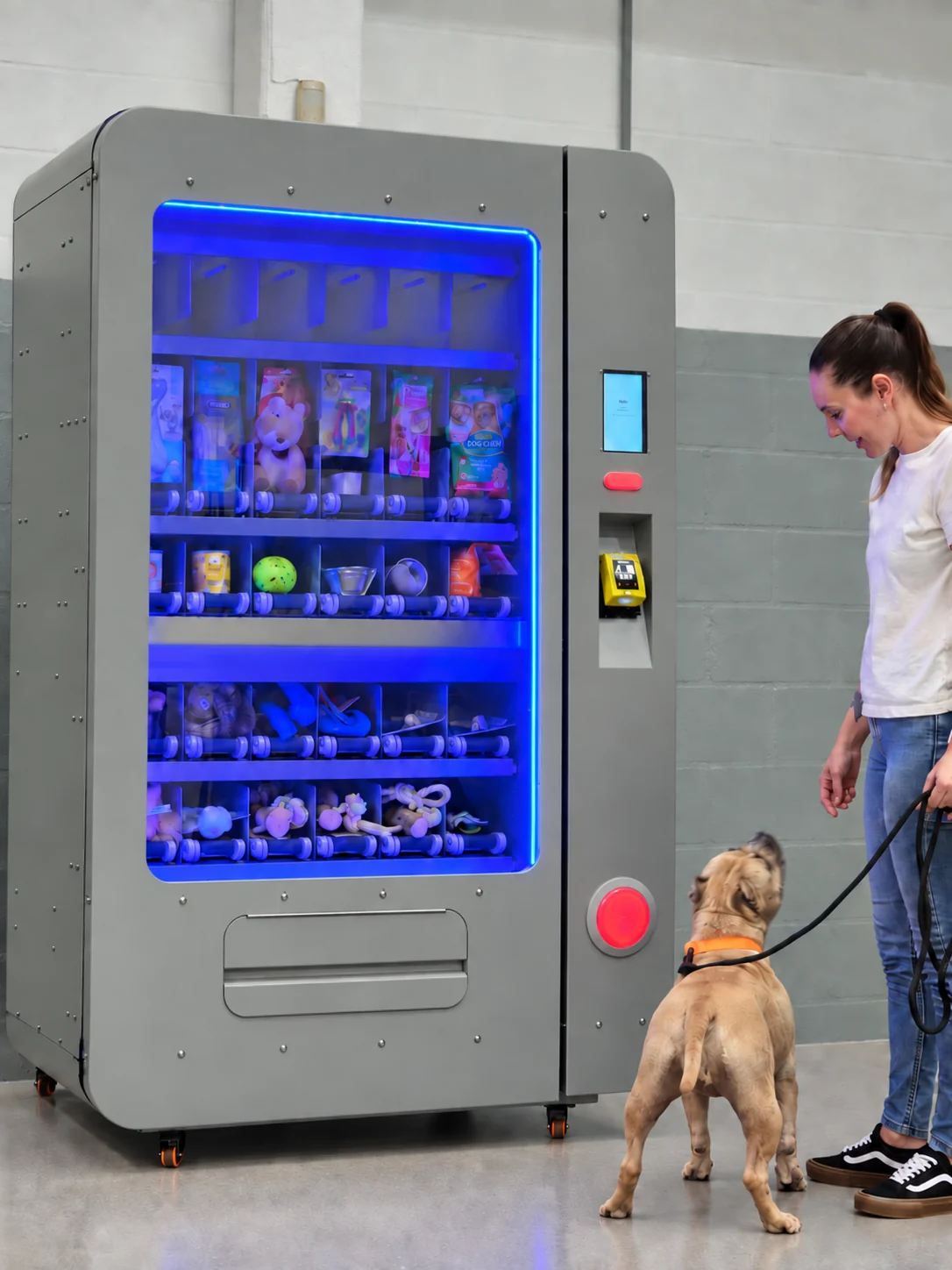 Máquina expendedora Hausk de productos para mascotas fabricada por Carioli, con una persona y su perro al lado.