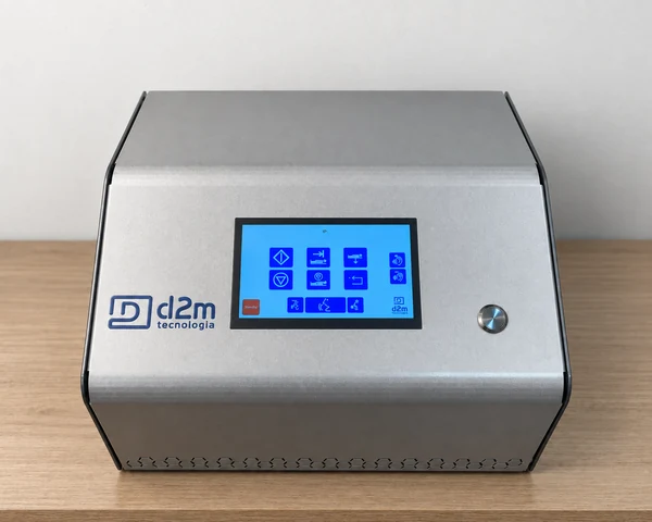 Robot de control remoto con gabinete metálico, pantalla de operación y botón de activación.