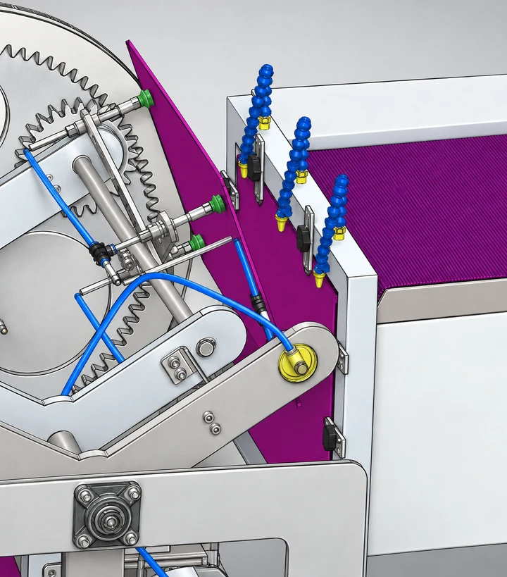Representación del pick and place rotativo, con conjunto de accionamiento, elementos de recogida y cinta de transferencia.
