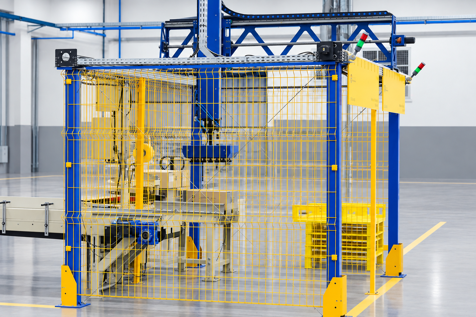 Configuração de robô cartesiano da Carioli Engenharia com eixos lineares e garra