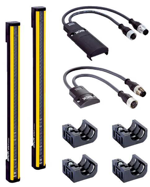 Exemplo de conjunto de cortina de luz com emissor, receptor e suportes de montagem