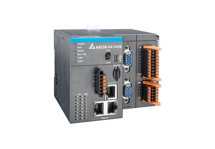 Controlador de movimento Delta AX-308E com terminais de conexão e interfaces de comunicação